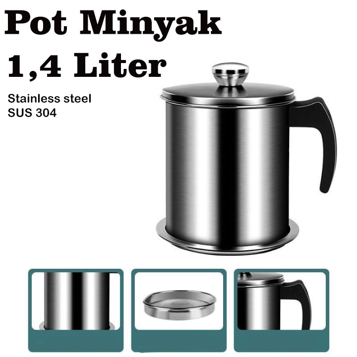 COD -  Pot Minyak Anti Slip Ukuran 1.4 Liter Stainless Steel - Wadah Saringan Minyak - CF-19