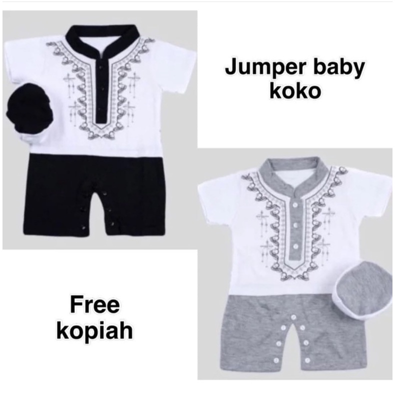 Jumper bayi koko romper bayi koko putih hitam abu Setelan koko bayi murah adem peci baju celana leba