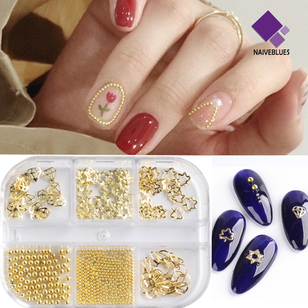 Naiveblue Charms Manik-Manik Baja Bentuk Bintang Hollow 3D Untuk Dekorasi Nail Art DIY