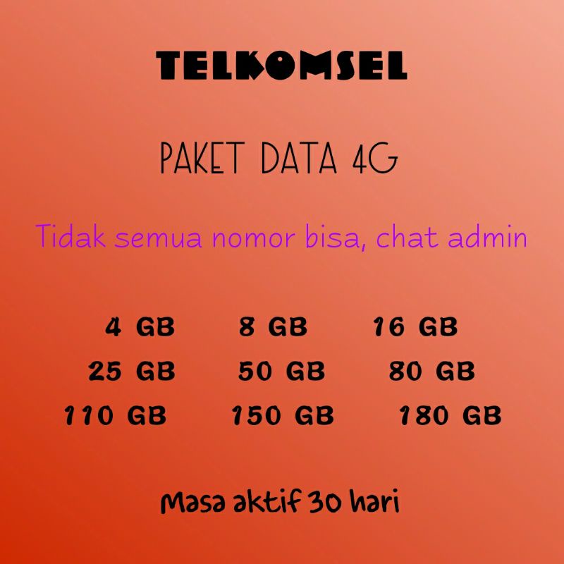 TELKOMSEL PAKET DATA INTERNET 16 GB 25 GB 50 GB 80 GB 110 GB 30 HARI SIMPATI AS LOOP