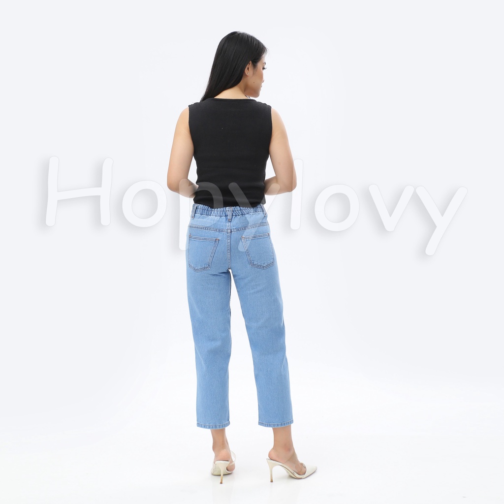 HOPYLOVY Celana Panjang Jeans Boyfriend Wanita Sobek Double Button BF Velania