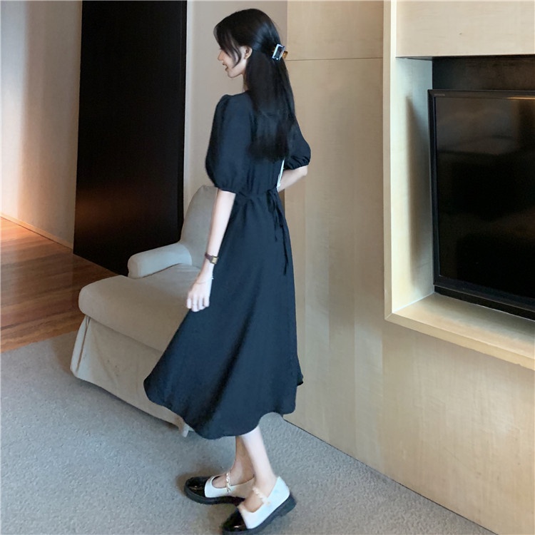 pakaian wanita korea daster kerut dada COD 2022 New Fashion Korean Style Short Sleeve Drawstring V Neck Midi Dress polos for Women Summer Black Blue solid color A-Line Casual Dresses wanita 2023 korea sexy murah