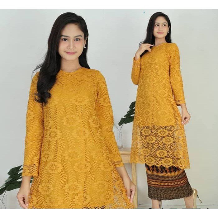 Setelan Kebaya Modern Brokat Tunik / Longcape Brukat Hijau Dan Waran Lainnya