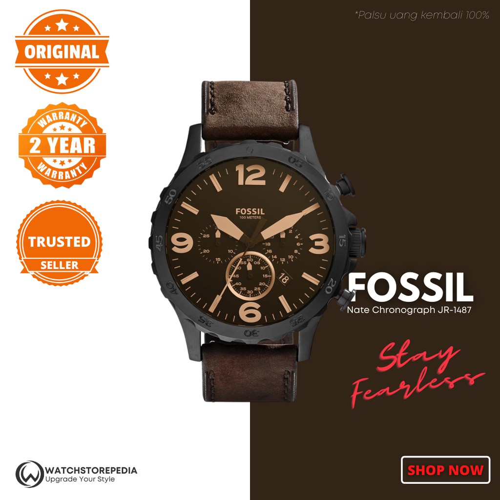Jam Tangan Pria Fossil JR1487 Nate Chronograph Brown Leather Strap Watch Original Guaranteed