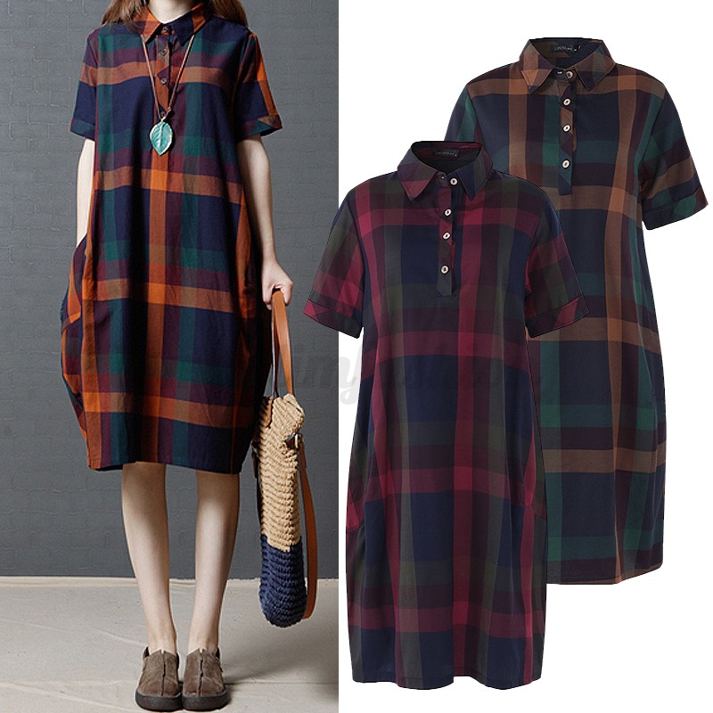 dress Lengan Pendek Turnown Neck Motif Kotak-Kotak,dress wanita import,dress katun kotak