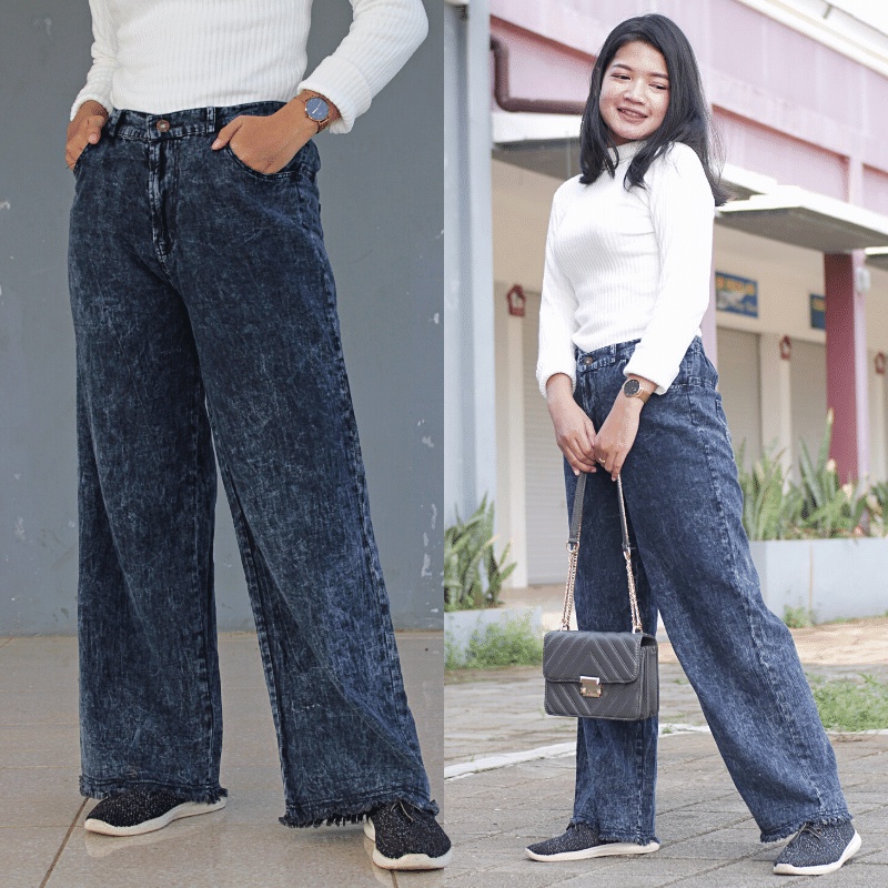 Celana Kulot Jeans Wanita Highwaist Loose Allsize Terlaris-HITAM kancing rawis