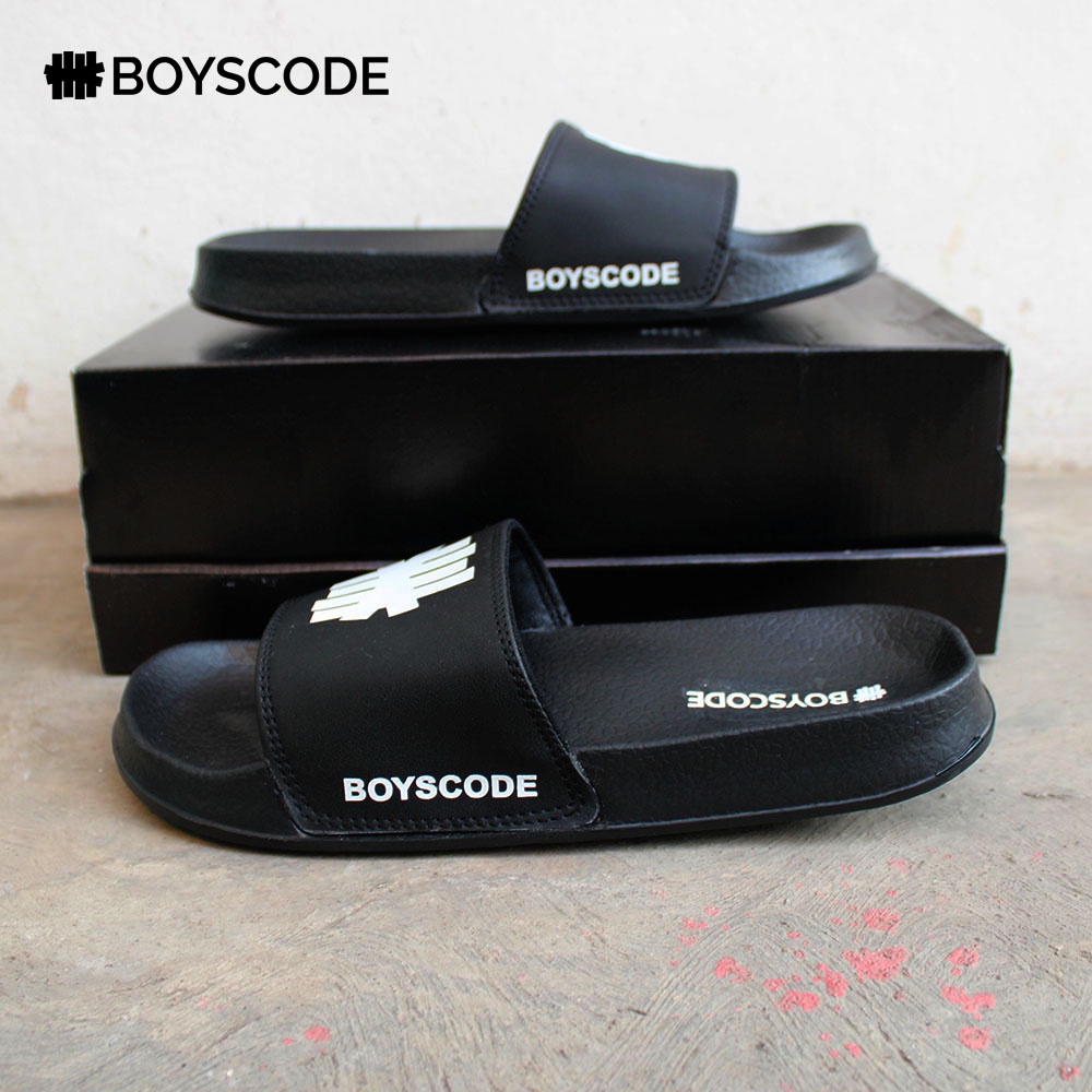 Sendal Slip On Pria Distro Terbaru Boyscode Petir Logo Fullblack / Sendal Slide Pria