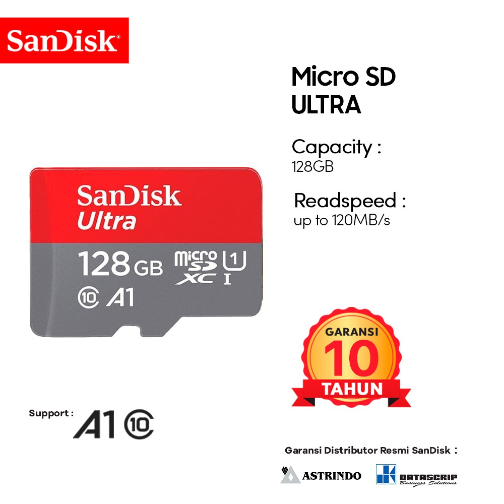 Memory Card | Micro SD 128GB SanDisk Ultra A1 up to 120Mbps Class 10 - Garansi Resmi 10 Tahun