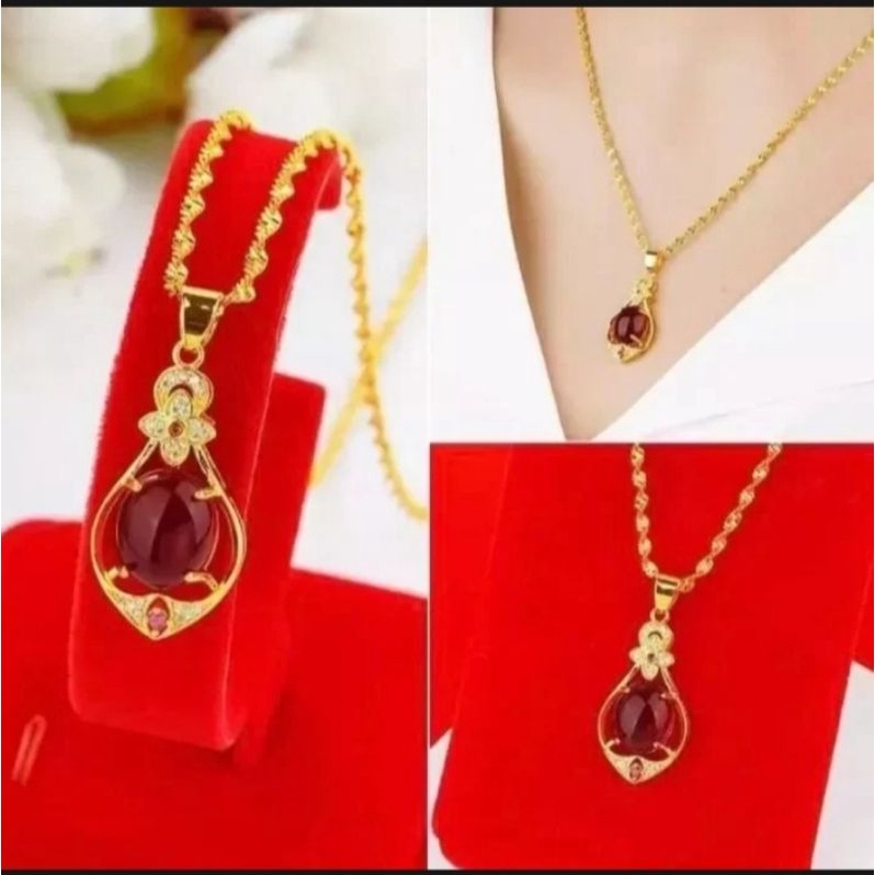 Kalung wanita sangat mewah dengan liontin batu merah delima berlapis emas 24k