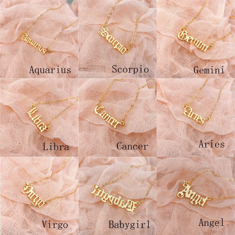 We Flower Kalung Liontin 12 Huruf Zodiak Warna Emas Gaya Vintage Untuk Pria Dan Wanita