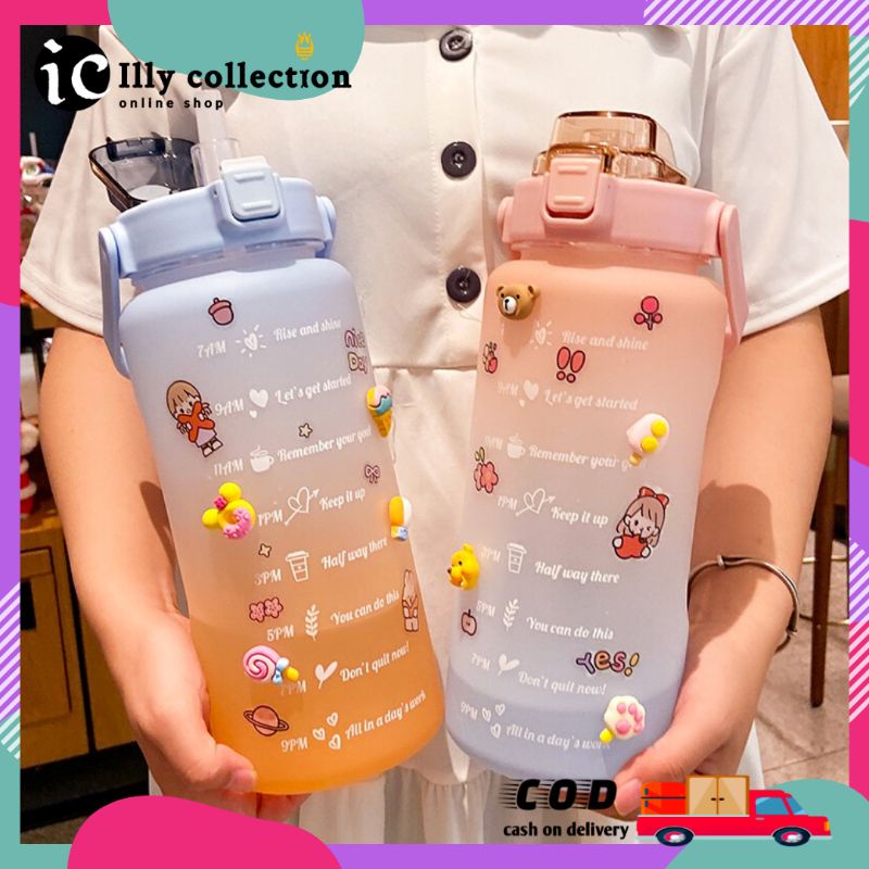 Botol Minum Gemoy Pastel 1,3 Liter / Botol Minum Olahraga 2 Liter Gradasi Penanda Waktu