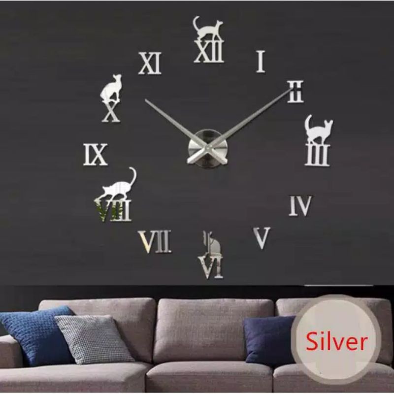 Jam Dinding Besar DIY Giant Wall Clock Quartz Creative Design Model Kucing Lucu - DIY-203 - Silver
