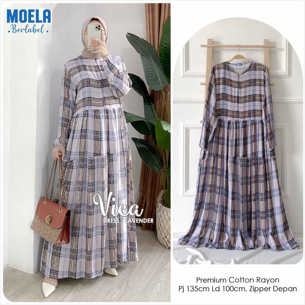 dress ld 100cm VICA fashion by ORI MOELA motif kotak-kotak BUSUI ootd premium cotton rayon gamis