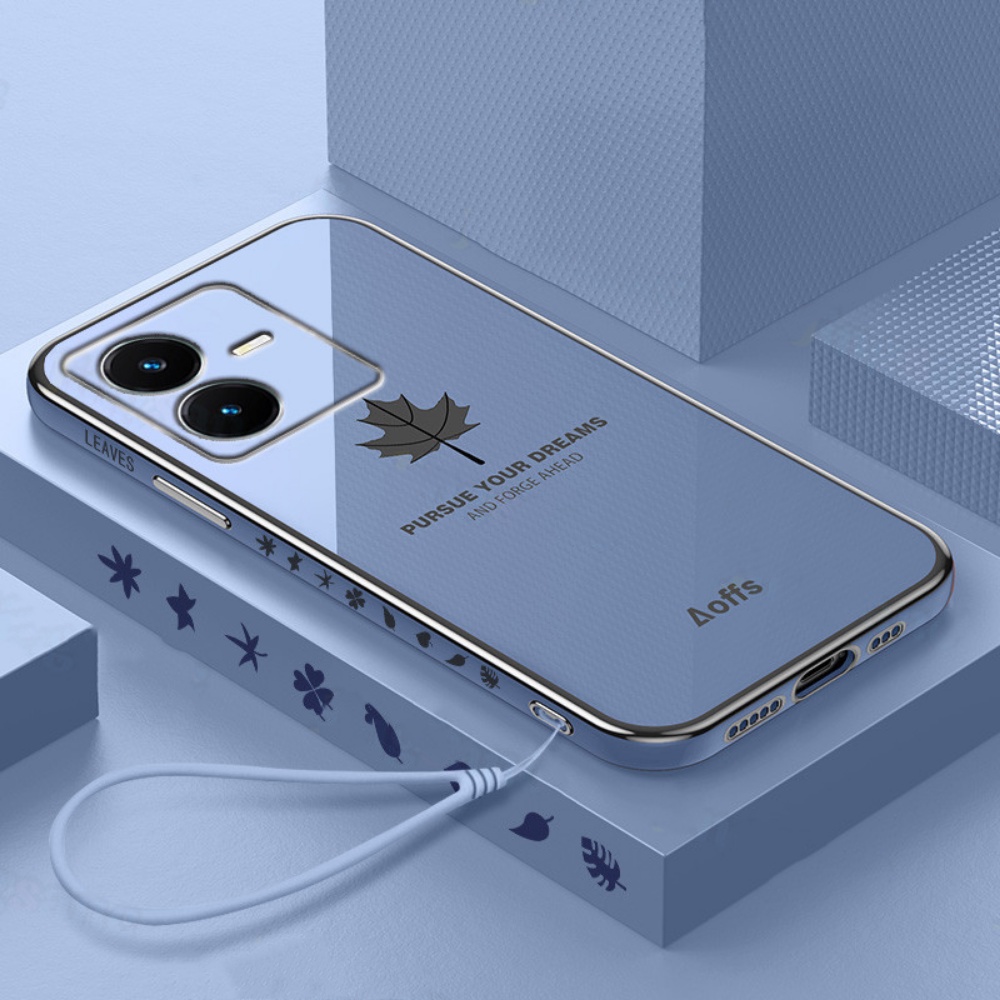 Vivo Y36 Y22 2022 Y35 Y16 Y21A Y21S Y21T Y15s Y01 Y33T Y33S Y12S Y20 Y20i Y11 Y12 Y15 Y17 Y91C Y1s V25 Case Upgrate Square Silikon Maple Leaf Plating Soft Cover Dengan Tali DGX