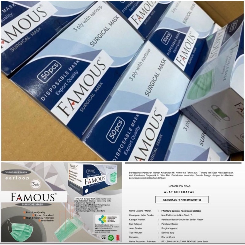 Masker Medis / Surgical FAMOUS Hijau Murah 50Pc