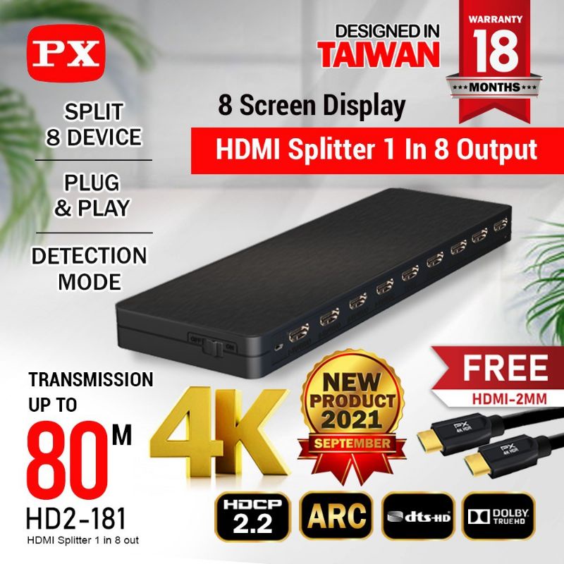 HDMI Splitter 1 Input 8 Output Video HD 4K 60Hz HDR HDCP PX HD2-181