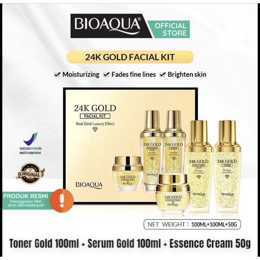 BIOAQUA 24K Gold Facial Kit paket skincare (Gold Toner 100ml+Gold Serum 100ml+Essence Cream 50g) BPOM