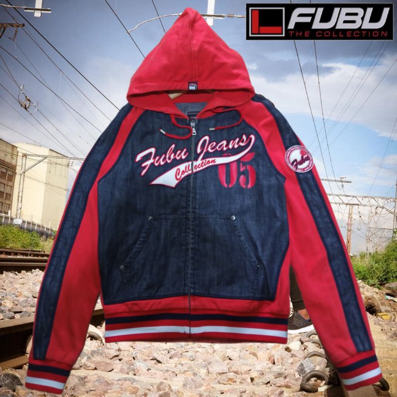 FUBU JEANS USA COLLECTION 05 ZIP VARSITY HOODIE BASEBALL DENIM JACKET ORIGINAL AUTHENTIC