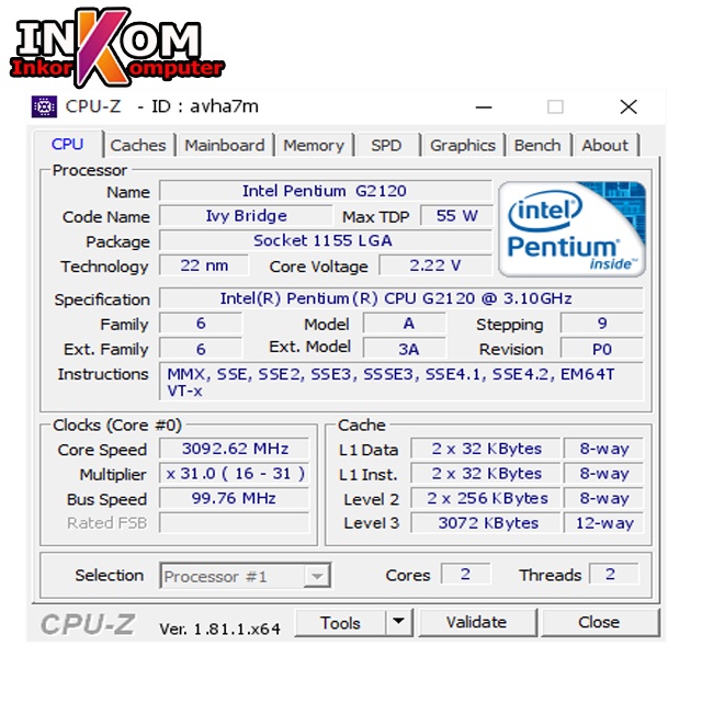 Prosesor Intel Pentium G2120 Socket LGA 1155