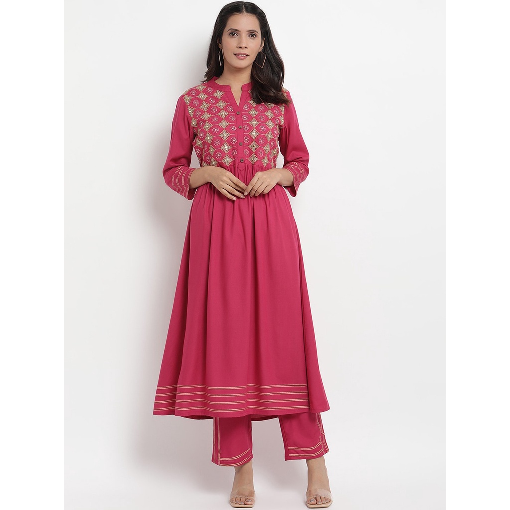 Setelan Kurti Prakhya Size M Warna Pink Floral Embroidered lengkap dengan Celana / Baju Kurti India 