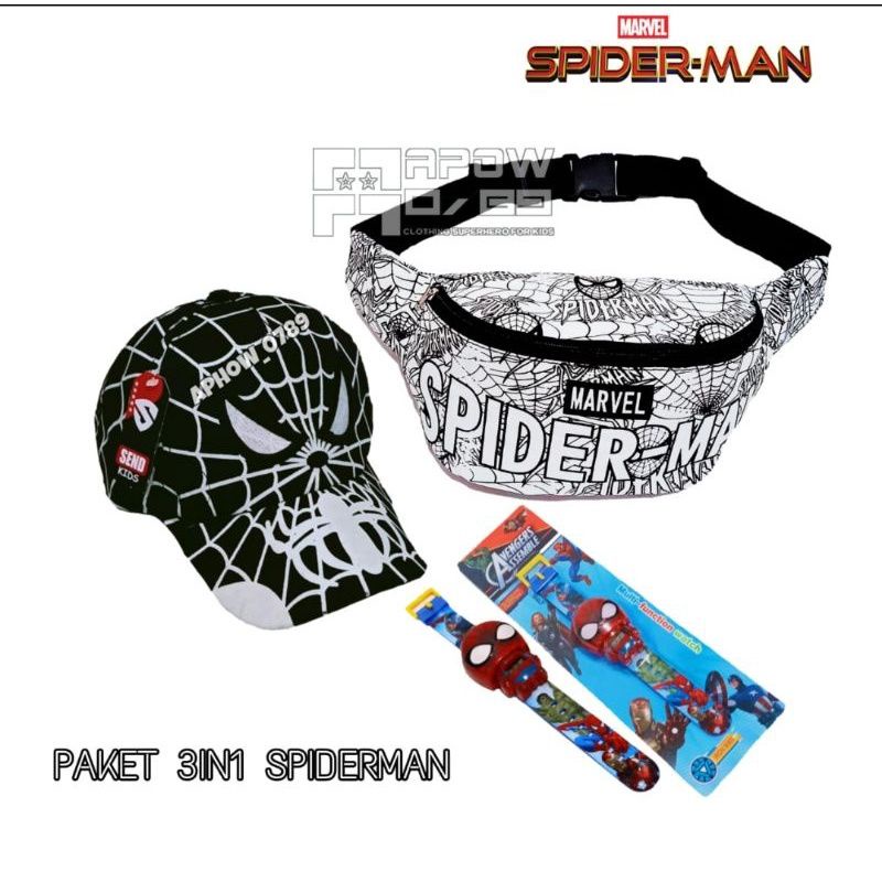 paket 3in1 tas selempang anak topi anak dan jam tangan anak karakter spiderman waistbag anak laki laki tas bahu