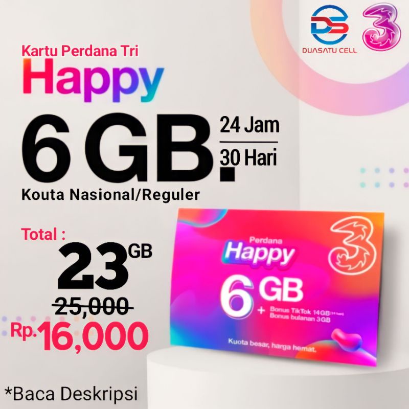 Jual Kartu Perdana internet Tri Happy 52Gb / 22Gb /  12GB / 6GB / Bonus Kouta Tiktok | Shopee