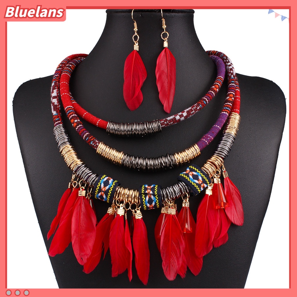 2pcs / Set Kalung Anting Rumbai Bulu Multilayer Bahan Alloy Gaya Bohemian Etnik Untuk Aksesoris Perhiasan