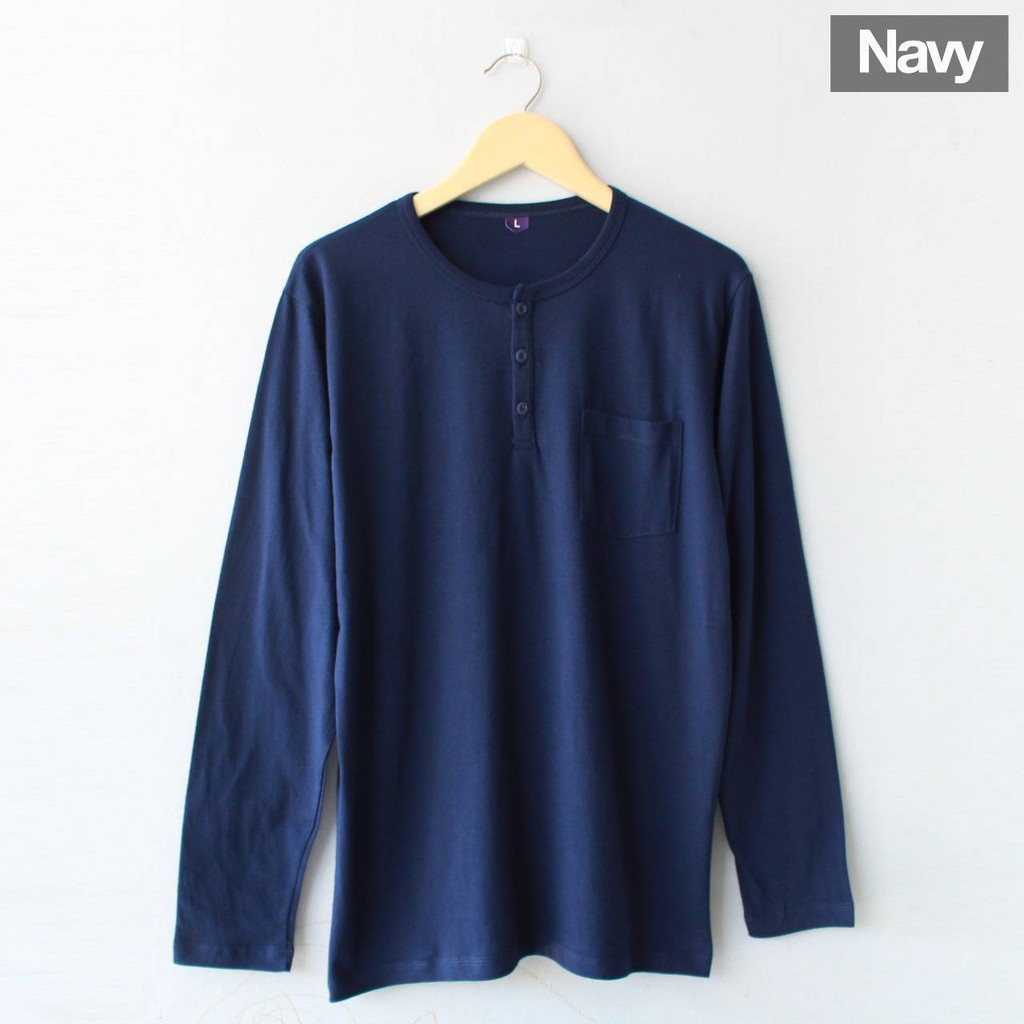 Kaos UNISEX Henley Panjang Navy Polos Baju distro oblong cewek cowok couple size S M L XL Termurah