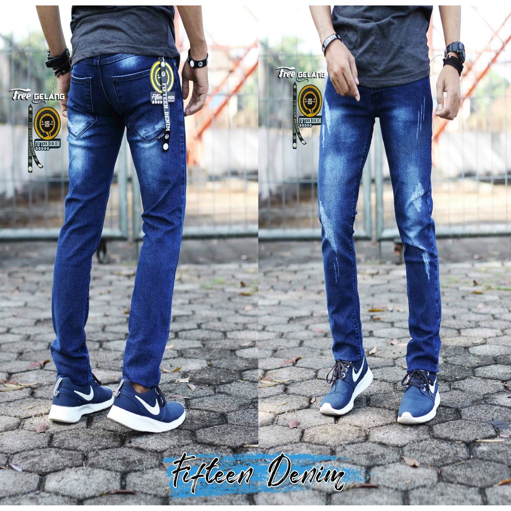 Celana jeans pria destroy sobek black jas street blue black original primium terlaris fifteen denim