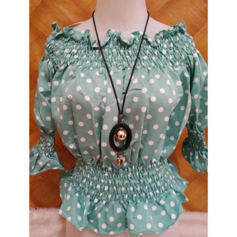 FILLYS : BAJU KOREA ATASAN BLOUSE KERUT SABRINA SMOKE MOTIF POLKA POLKADOT IMPORT