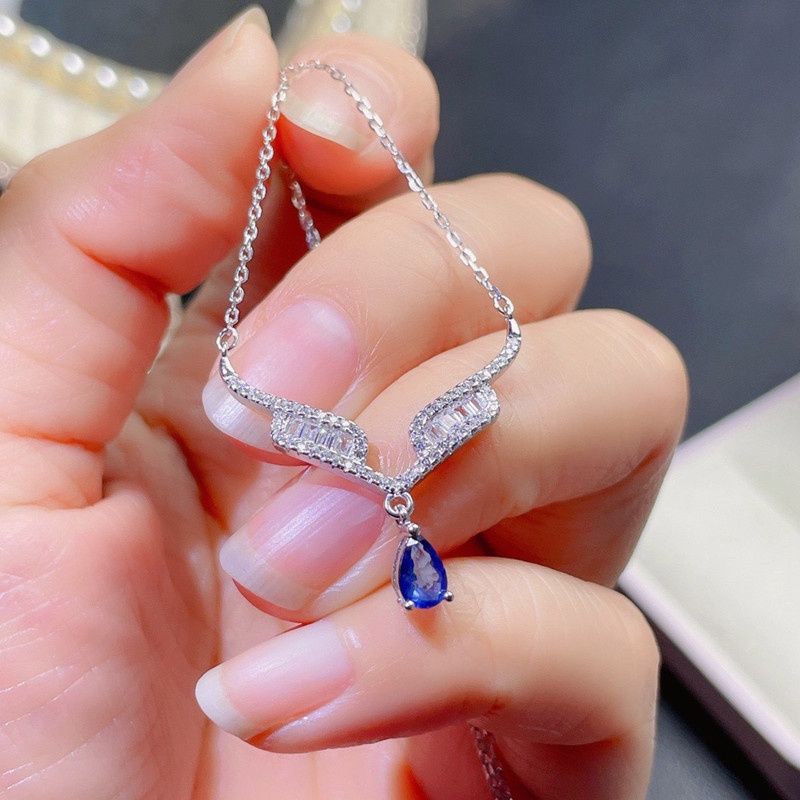 Kalung Dengan Liontin Bentuk Tetesan Air Bahan Cubic Zirconia Warna Biru Untuk Wanita