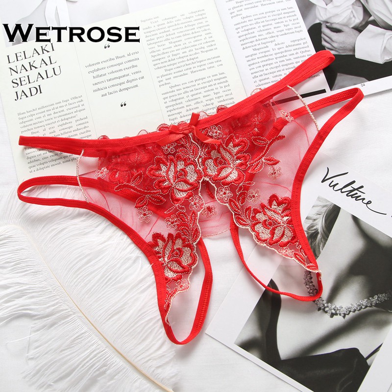 【Wetrose】 Celana Dalam Thong Bahan Lace Desain Bordir Gaya Sexy Erotis Menarik Untuk Wanita