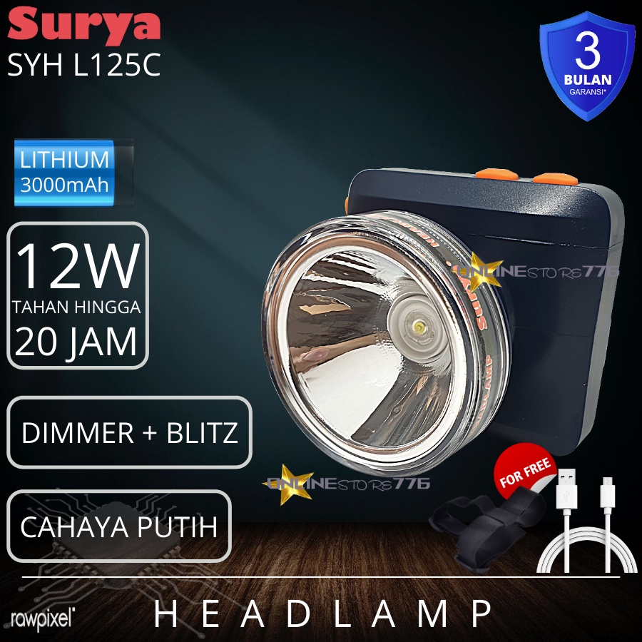 SENTER KEPALA / SENTER KEPALA SURYA SYH L125C / HEADLAMP SURYA SYH L125C / SENTER KEPALA RECHARGEABLE / SENTER KEPALA SURYA / CAHAYA PUTIH / 12WATT TAHAN 20 JAM