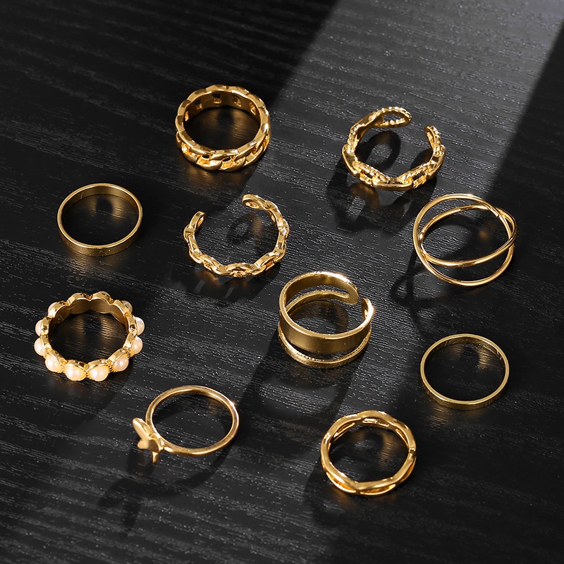 10pcs / Set Cincin Rantai Bentuk Kupu-Kupu Aksen Mutiara Untuk Wanita