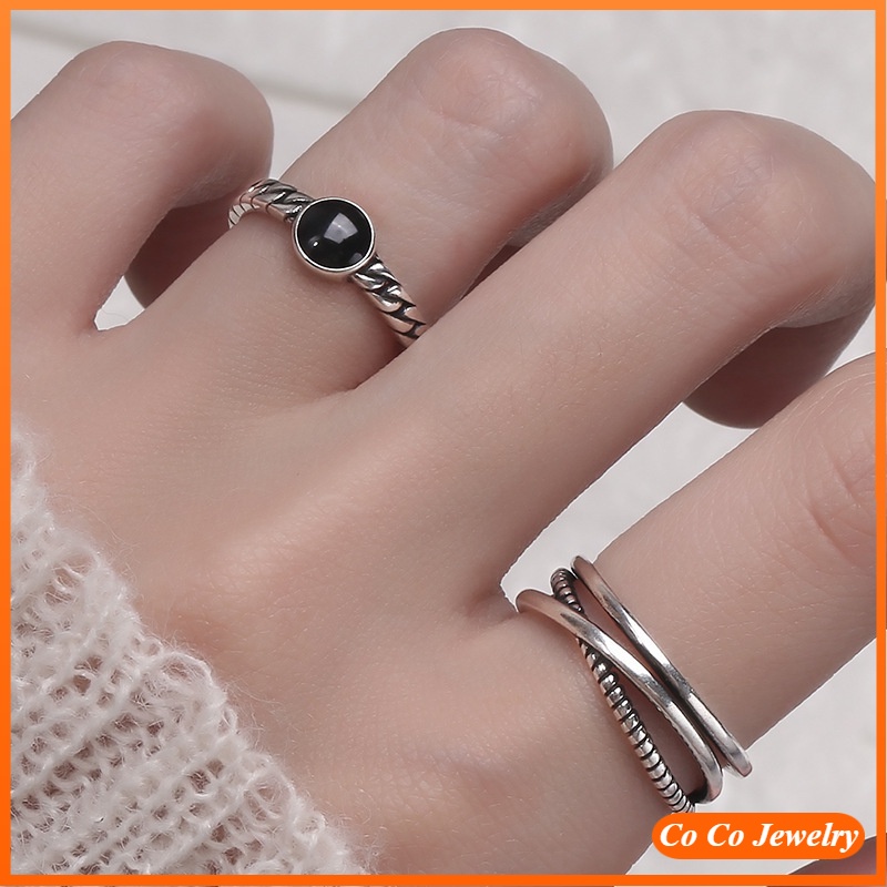 S925 Retro Cross Ring for Women Korean Hip Hop Twist Black Double Open Rings