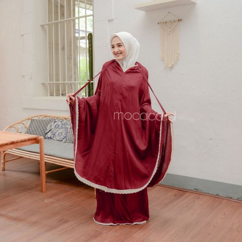 Mukena Dewasa Polos Merah Maroon Marun 3 in 1 Ponco Jumbo free pouch sajadah 2 in 1  travelling bahan katun rayon premium polos