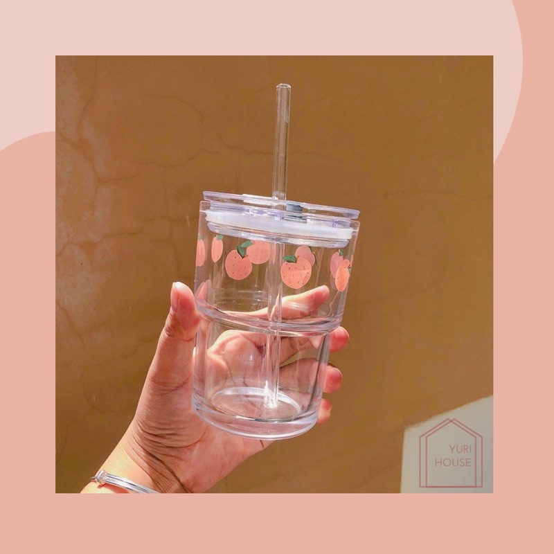 Peach tumbler/ tumbler kaca korea/ gelas kaca aesthetic/ tumbler + sedotan