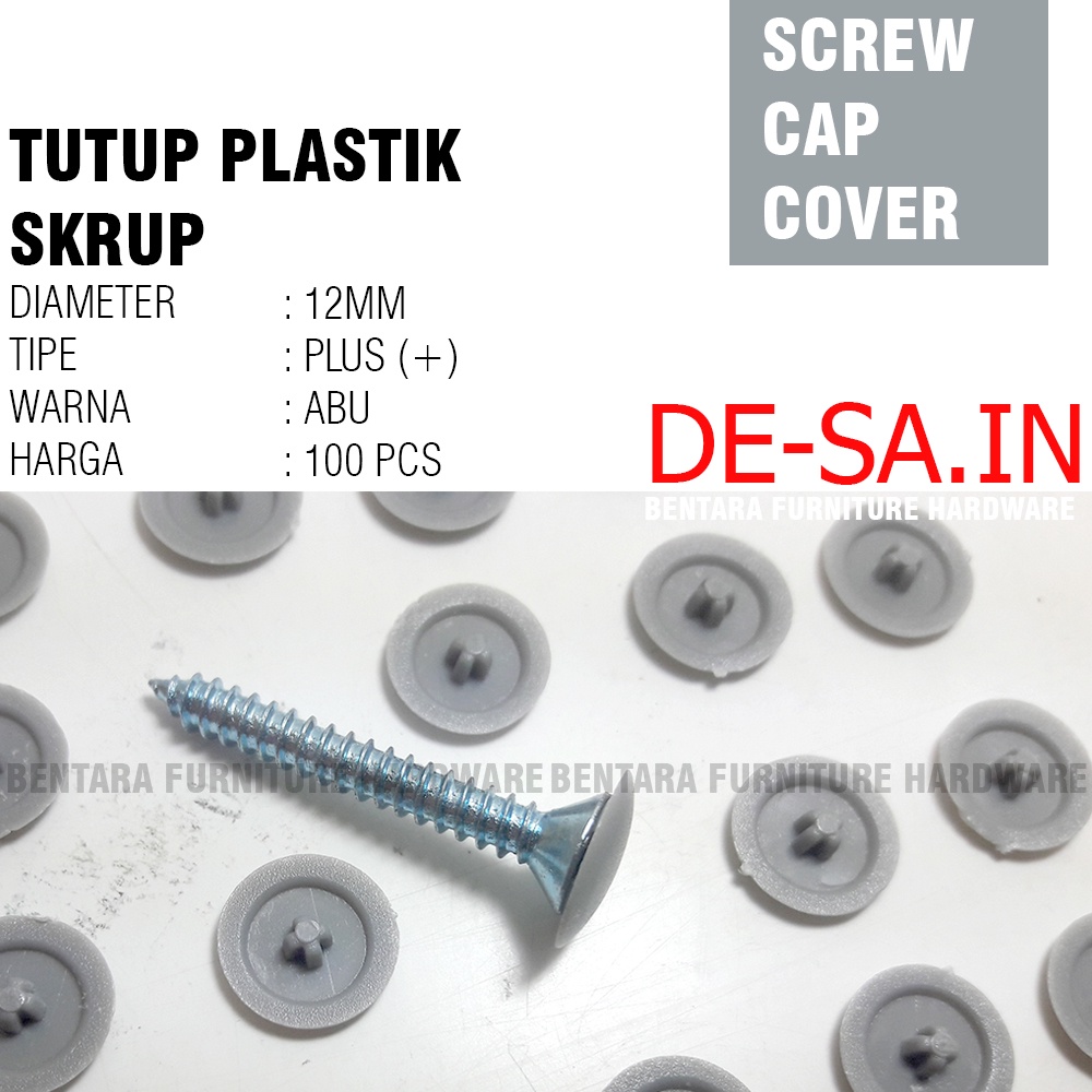 50 X Tutup Skrup Plastik Model Plus GREY ABU Dop Screw Cap Cover Plastik Sekrup Tapping Flat Head