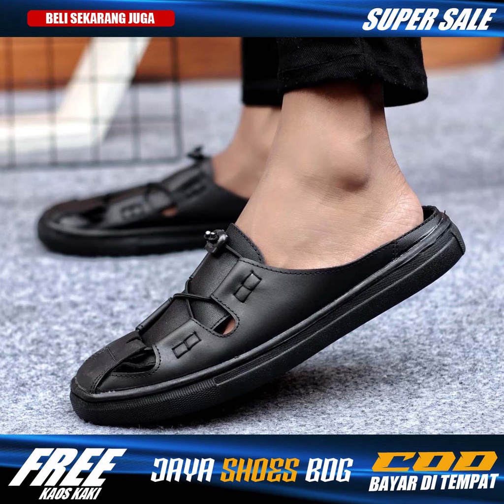 TUTO Sendal Pria Hitam Sandal Kasual Slop Pria Kulit Asli Sendal Bustong Pria Dewasa Trendy Kekinian