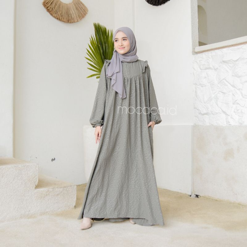 Dress Premium Lebaran maxi rok saku kanan busui friendly peach salem hijau abu pink biru baby blue sky cocok untuk hari raya bahan embos crincle premium