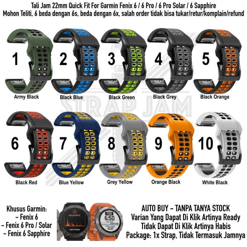 TRD Strap Garmin Fenix 6 / Pro / Solar 47mm - Tali Jam Quick Fit 22mm Silikon Rubber Untuk Olahraga