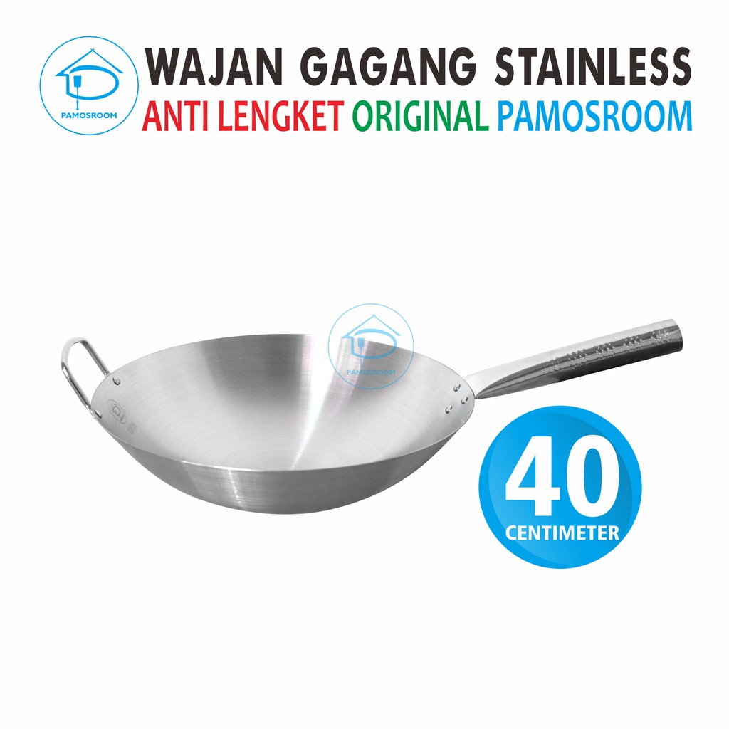 Pamosroom Wajan Gagang Stainless 40cm Panci Penggorengan Tebal Anti Lengket Kuali Foodgrade 40cm