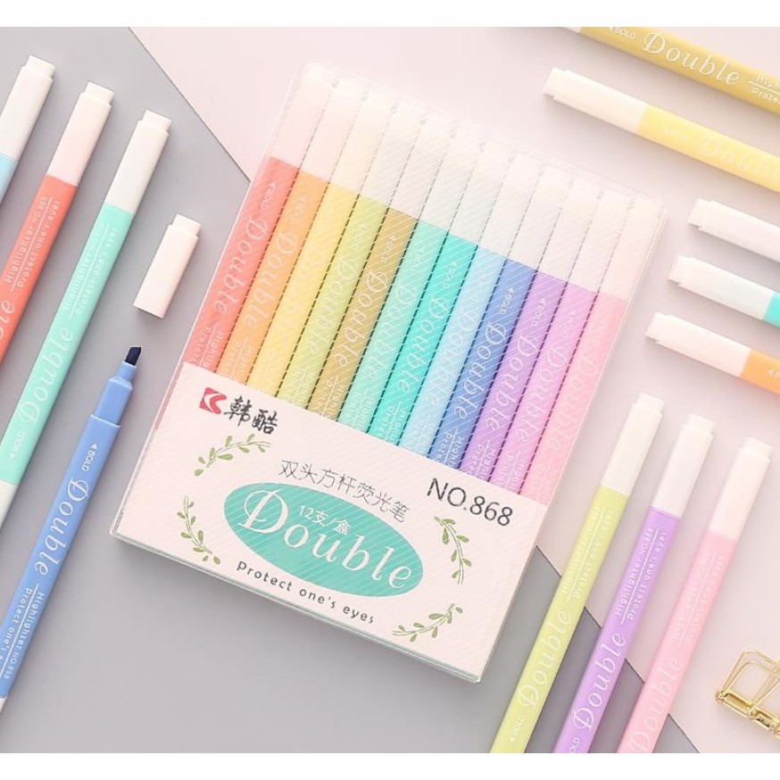 

12 pcs Spidol Highlighter Dua Sisi Warna Warni 868