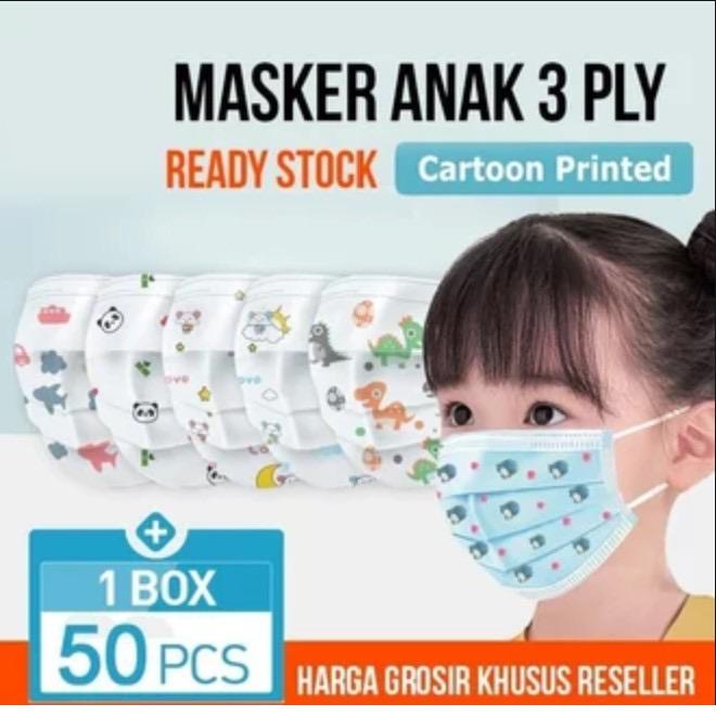 (READY) Masker anak 3ply Kids Child mask motif karakter Earloop 1box isi 50 Pcs