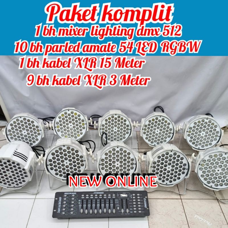 PAKET 10 LAMPU PARLED AMATE 54 x3W RGBW PLES MIXER LIGHTING DMX 512 KOMPLIT