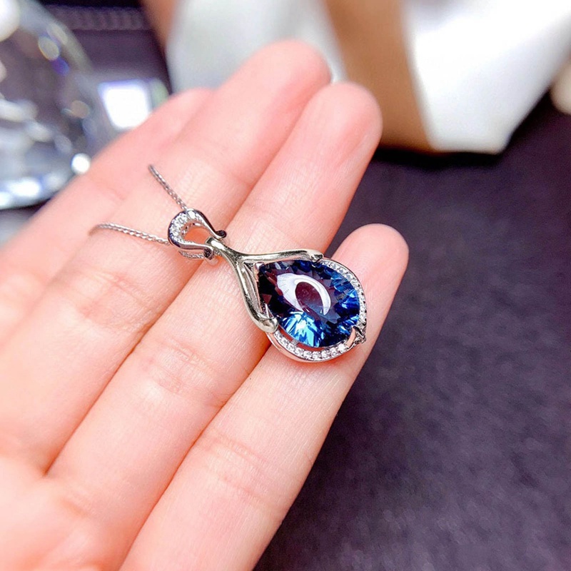 Kalung Liontin Pir Cubic Zirconia Warna Biru Untuk Wanita