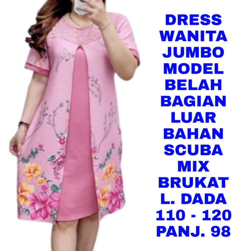 WK DRESS MIDI WANITA JUMBO BAHAN SCUBA MIX BRUKAT PESTA NATAL IMLEK SINCIA