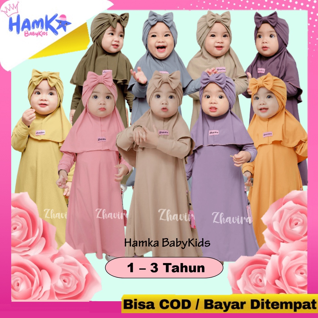 Set Gamis Anak Perempuan 0 - 3 Tahun Set Hijab Dan Turban Zhavira Polos Bahan Jersey Premium Putih Hitam