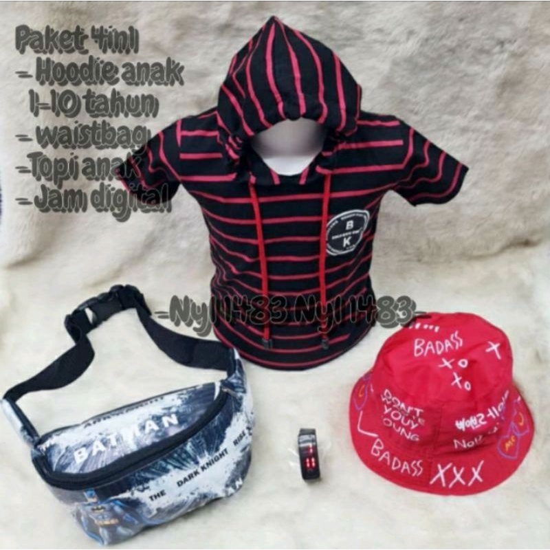 Kaos Hoodie salur anak kaos kupluk 4in1 bucket badas