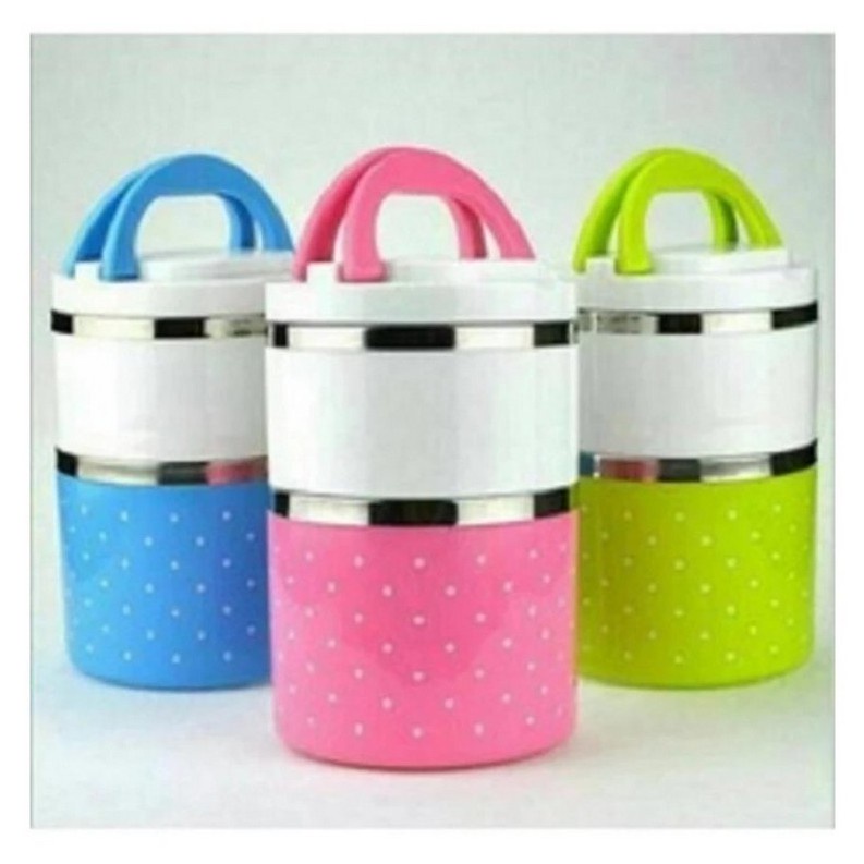 FM - Lunch Box Rantang susun 2 polkadot stainless steel / lunch box susun 2 motif murah / rantang makan mini - random colour/